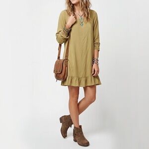 Vintage Silk Tunic Summer Shift Dress Olive Green Boho Ruffle Chic Habotai